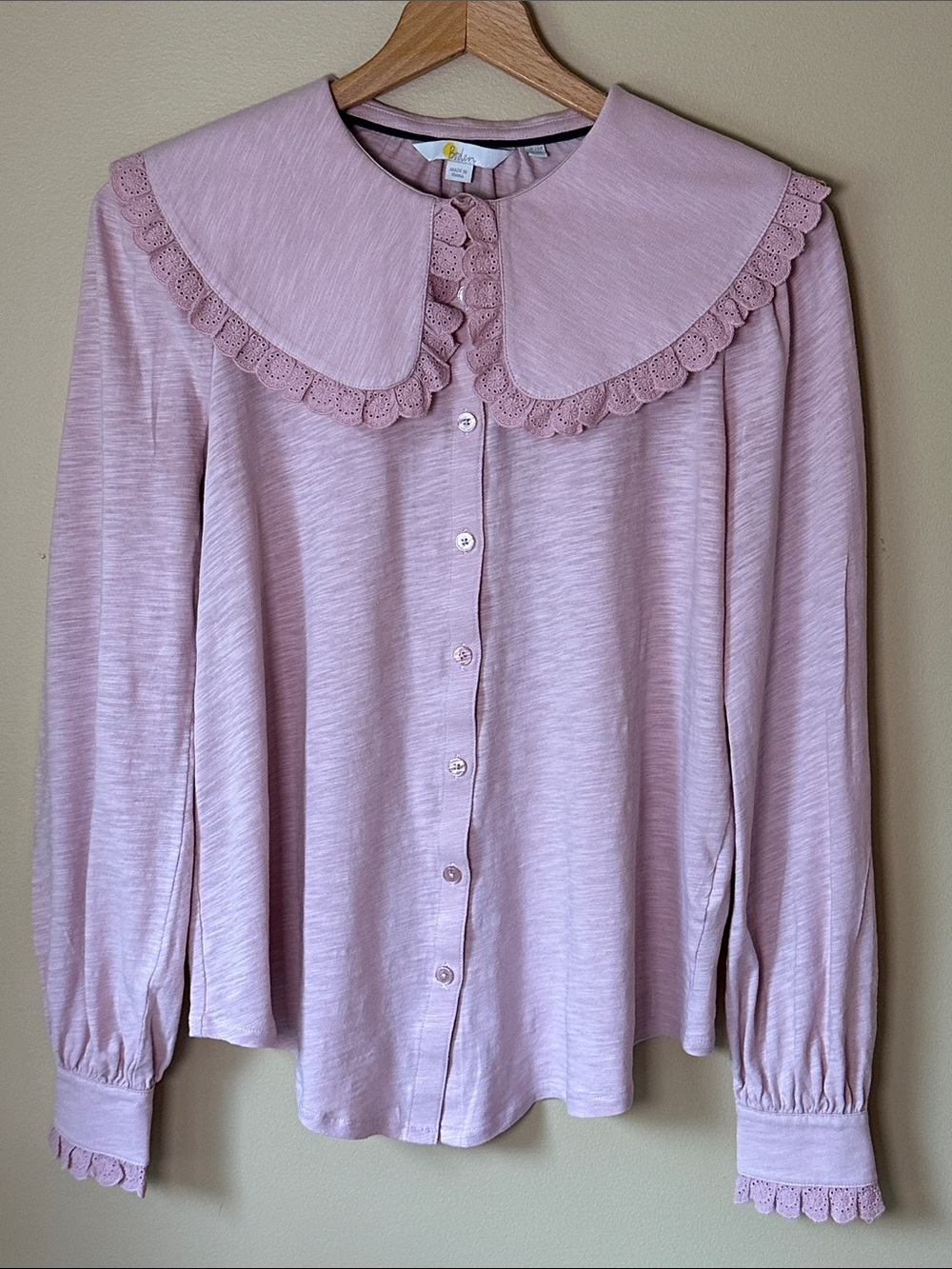 Boden Boho Cottage Preppy Button-Up Lace Collared Blouse Size 8